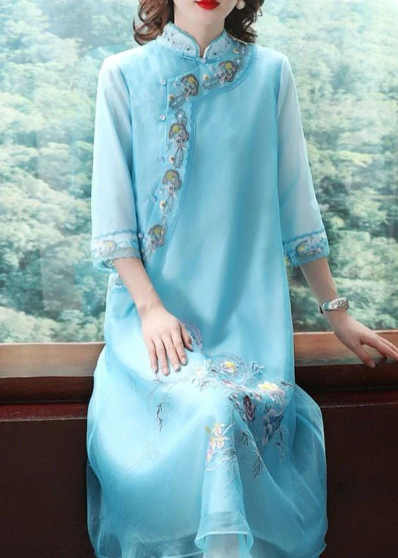 Chic Styles, Sharp Prices Elegant Blue Mandarin Collar Embroideried Chiffon A Line Dresses Bracelet Sleeve