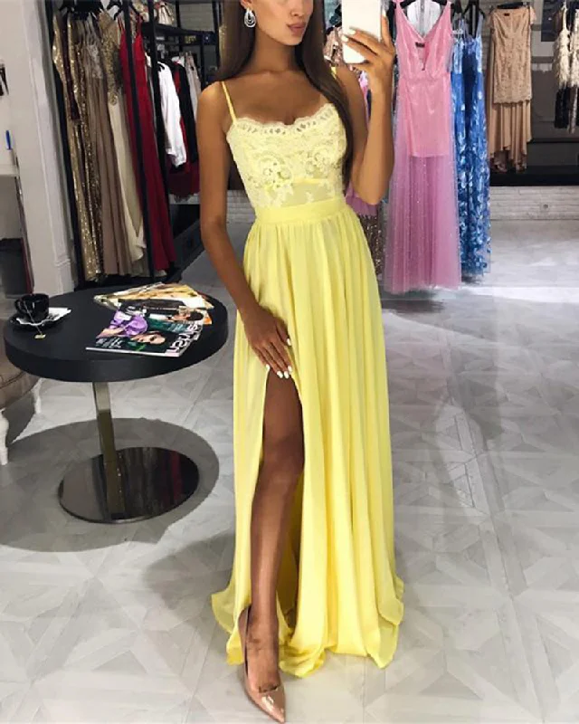 Outfits For Girls Yellow Prom Dress Long 2019 Spaghetti Straps Sexy Slit Girls Evening Party Formal Gown