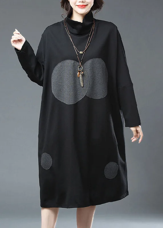 Chic And Edgy Elegant Black Turtleneck Dot Print Patchwork Cotton Dresses Fall