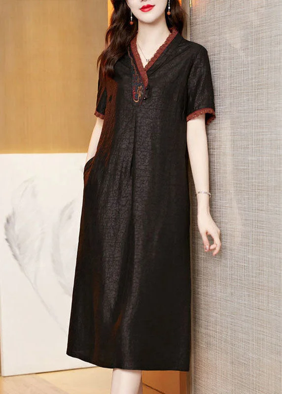 Exclusive Deals You Can't Resist Boutique Black V Neck Embroideried Patchwork Silk Dresses Summer