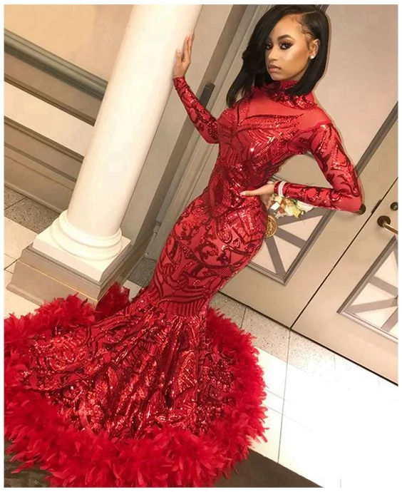 Women’s Outerwear for All Weather Conditions Red Long Sleeve Mermaid Prom Dresses with Feathers,Sweep Train High Neck Elegant Black Girls Evening Gala Gowns   cg17466