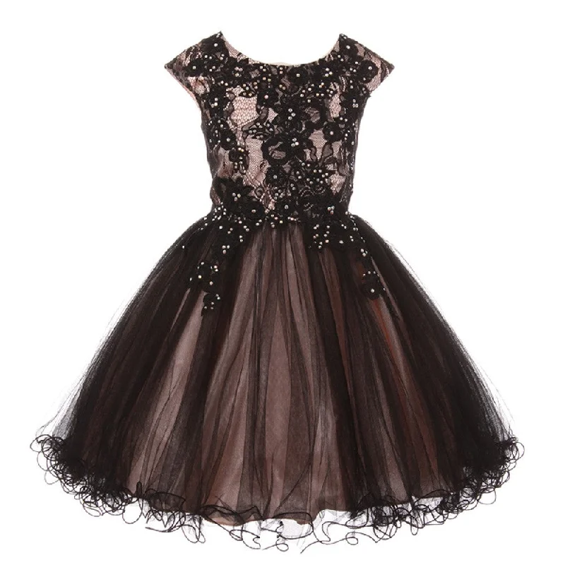Timeless Women’s Fashion Styles Little Girls Blush Black Rhinestone Embroidered Lace Flower Girl Dress 4-6