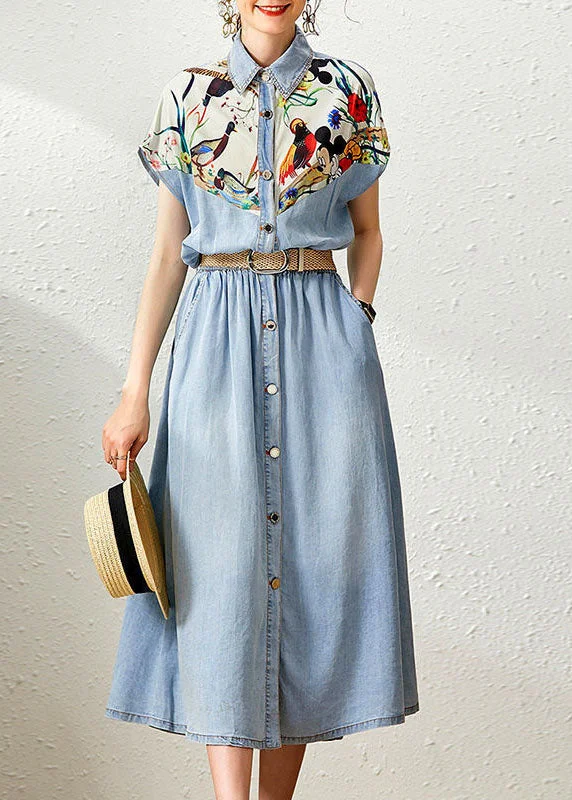 Comfortable Casual Women's Clothing Elegant Denim Blue Peter Pan Collar Patchwork Print Cinched Dresses Summer