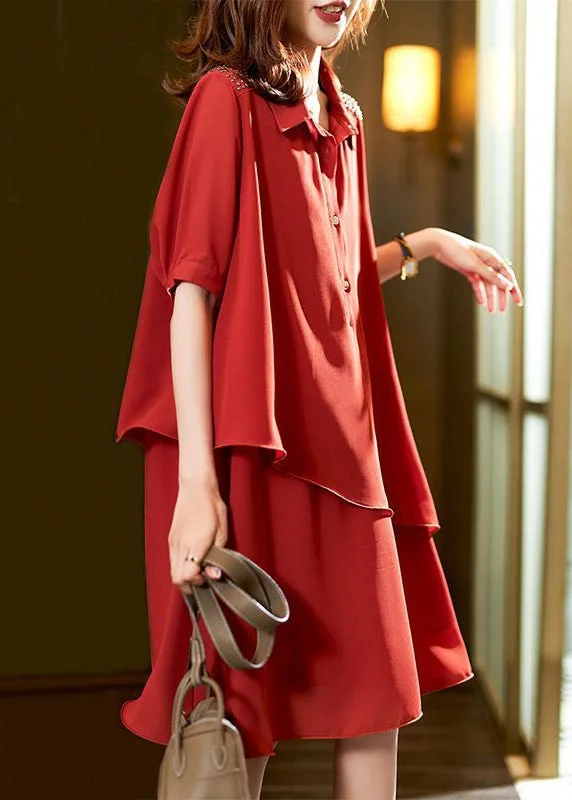 High-End Fashion, Low-End Prices – Sale Happening Now Style Red Asymmetrical Button Patchwork Chiffon Dresses Summer