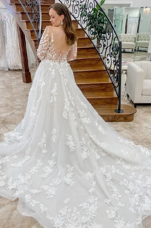 Sale On Sale Roycebridal Beautiful Tulle A-line Long Sleeves Wedding Dresses With Lace Appliques, MW823
