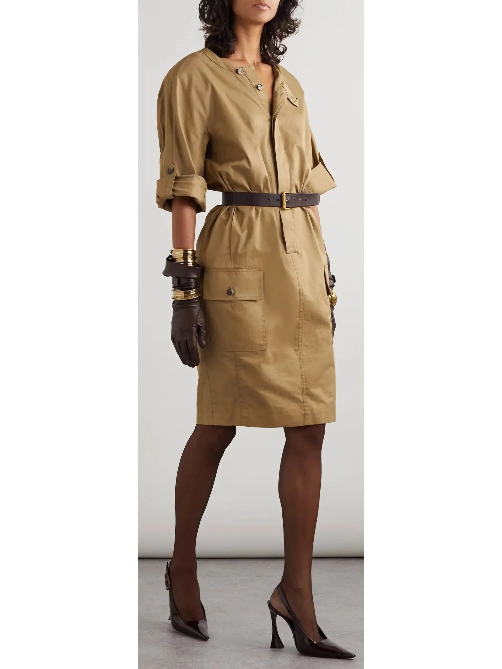 All Season Fashion Collection Belted Cotton-Twill Safari Mini Dress
