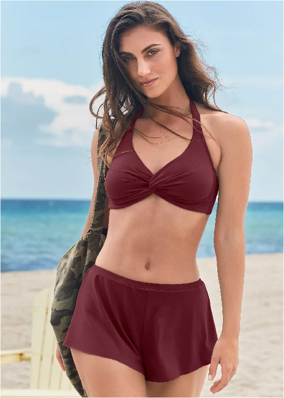 Casual Chic Clothing Twist Front Halter Top - Dark Mahogany
