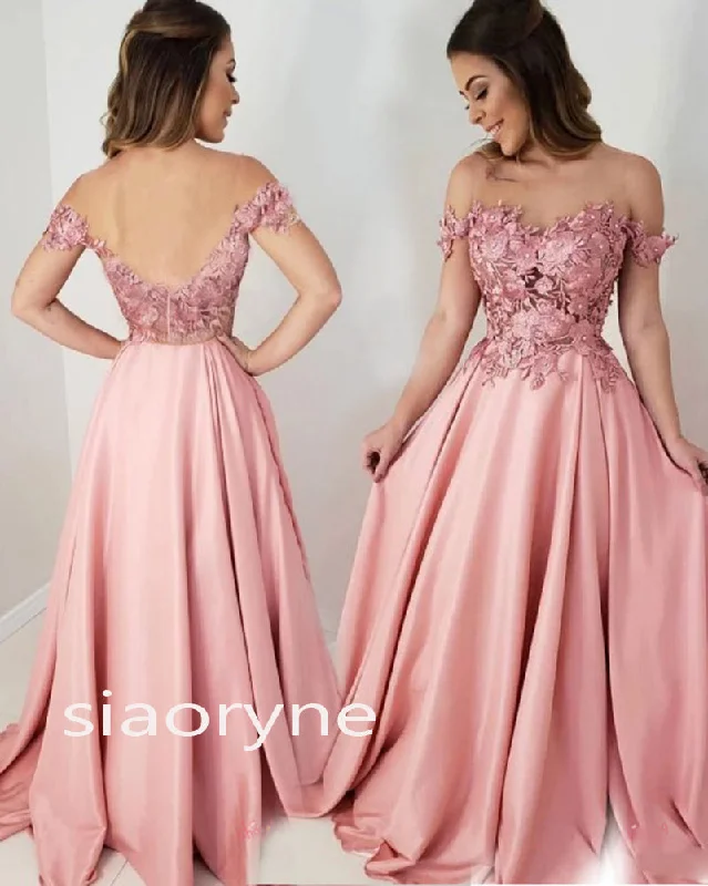 Trendy Women’s Outfits for Casual Wear Siaoryne Off the shoulder Pink Lace Flowers Senior Girls Formal Prom Dress Evening Party PL322