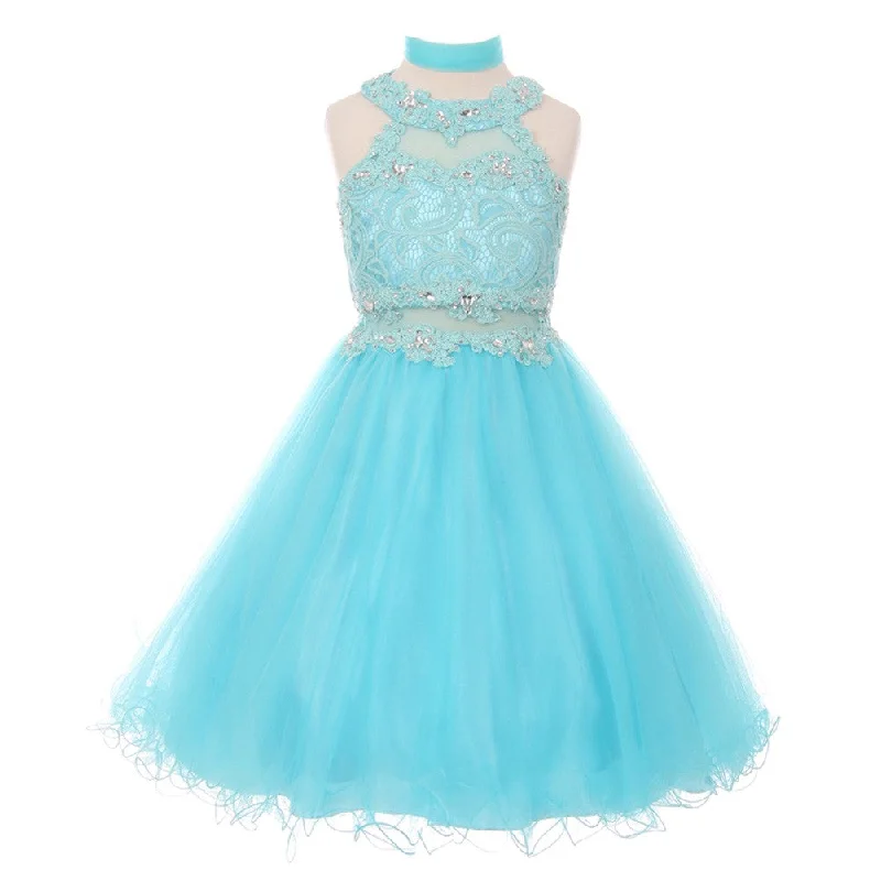 Modern Women’s Fashion with Vintage Touches Little Girls Aqua Rhinestone Halter Neck Lace Tulle Flower Girl Dress 4-6