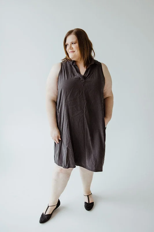 Fashion Sale V-NECK COLLARED TENCEL DRESS IN WASHED BLACK