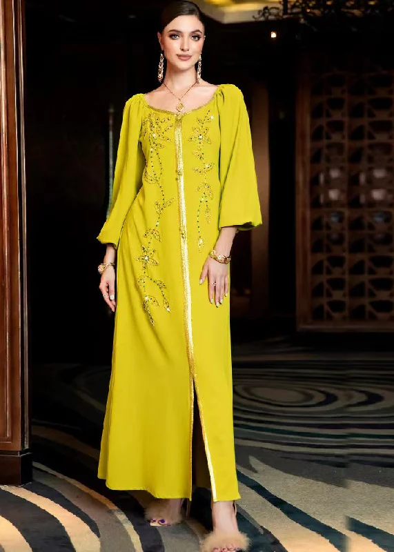 Women's Fashionable Clothing Sets DIY Yellow Patchwork Beaded Light Luxury Silk Dress Fall