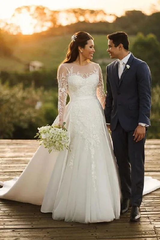 Clothes Woman Roycebridal Tulle Lace Long Sleeves Rustic Wedding Dresses With Detachable Satin, MW860