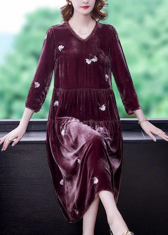 Vintage-Inspired Garments Art Mulberry Embroideried Patchwork Wrinkled Silk Velour Dress Spring