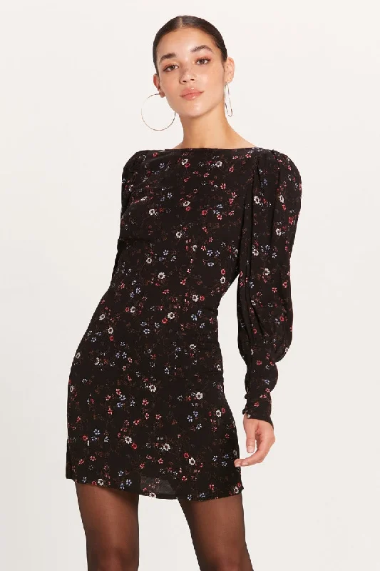 Rocker Chic Fashion Olivaceous black floral puff sleeve open back dress