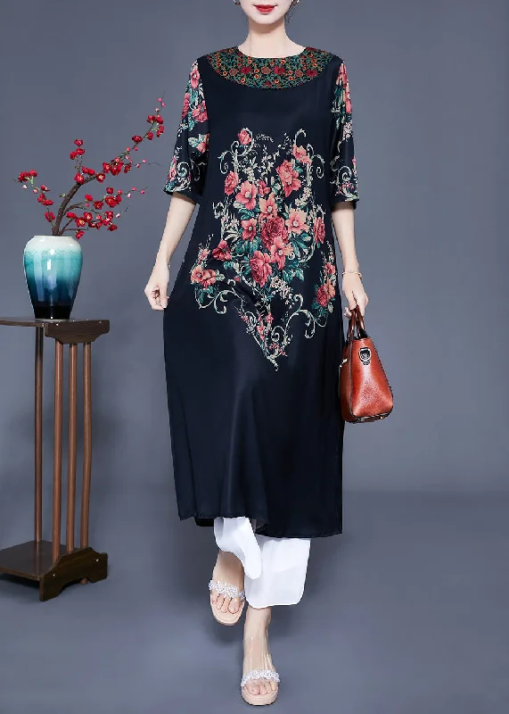 Sale Event, Prices Rock Beautiful Black O-Neck Print Silk Holiday Dress Half Sleeve