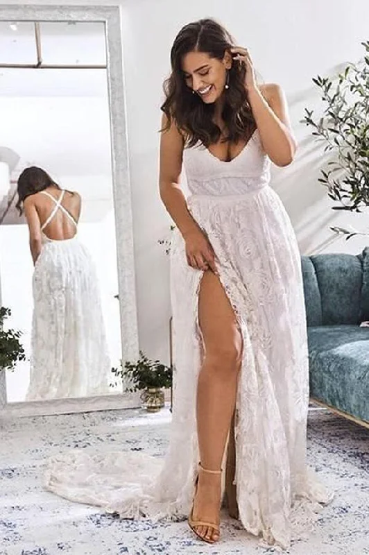 Chic Styles Roycebridal Ivory Lace A-line V-neck Cross Back Wedding Dresses with High Slit, MW550