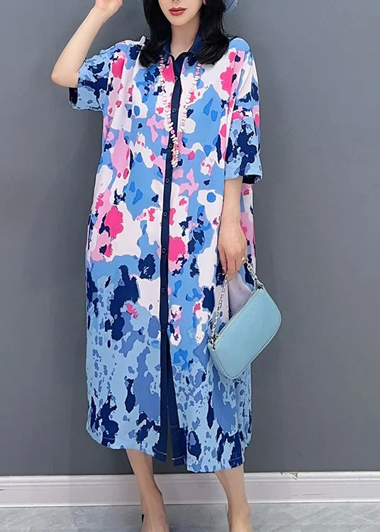 Everyday Fashion Blue Peter Pan Collar Maxi Shirts Dresses Short Sleeve
