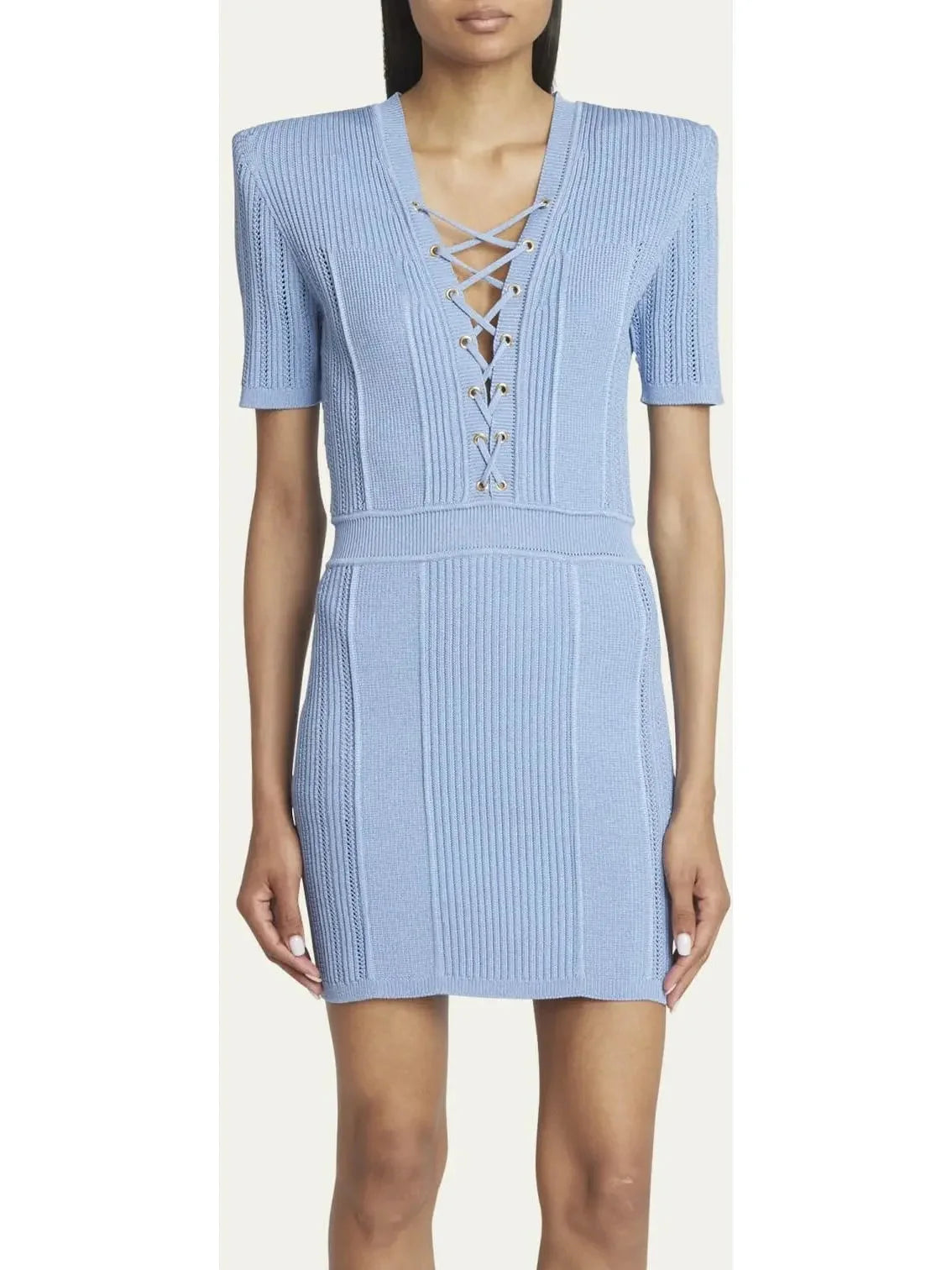 Cool Prices Lace-Up Ribbed Knit Blue Mini Dress