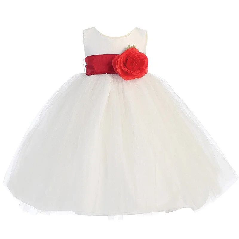 Minimalist Women’s Fashion Clothing Big Girls White Red Sash Poly Silk Tulle Flower Girl Dress 7-12