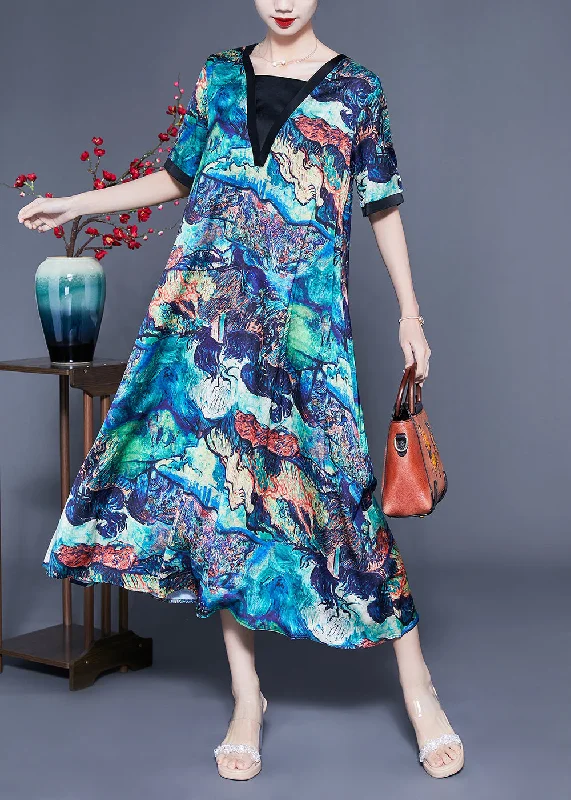 Great Fashion, Even Better Prices Unique Blue Square Collar Patchwork Tie Dye Silk Robe Dresses Summer