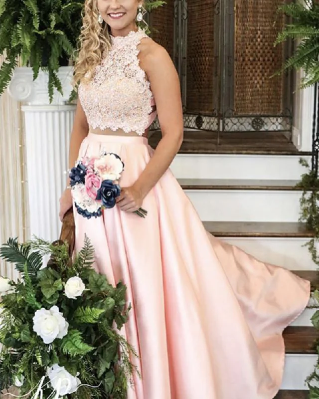 Women Fashion Pink Halter Two Pieces Prom Dress Girls Long Party Formal Gown