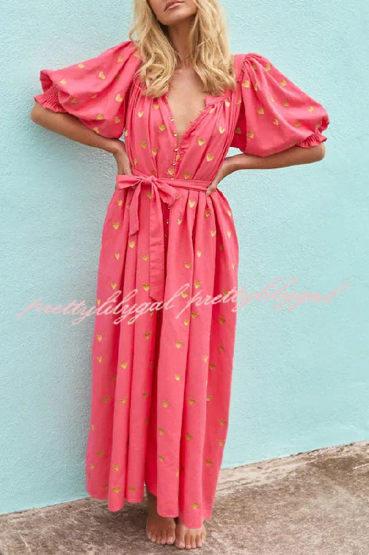Flash Discount Valentine's Day Gold Heart Print Puff Sleeve Button Pocketed Loose Maxi Dress