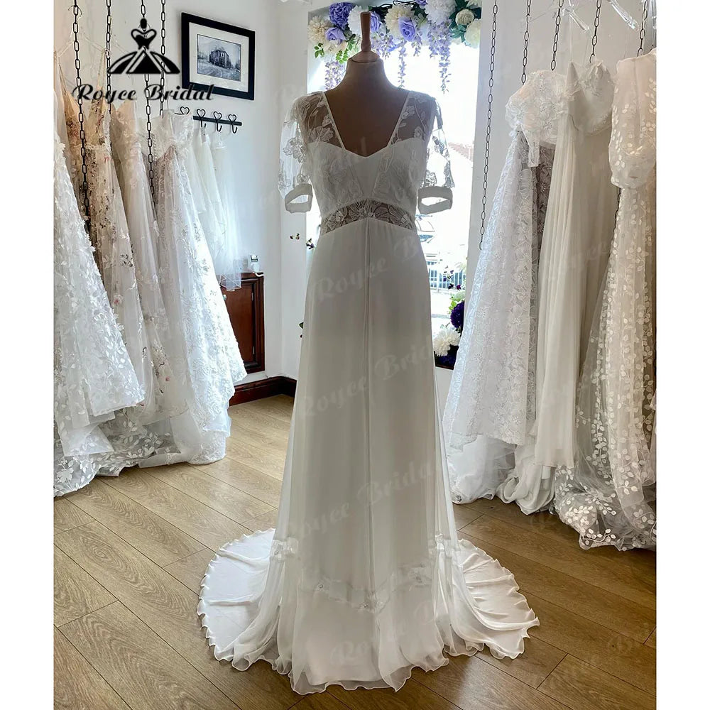 Online Boutique Clothing Vestidos Boheme Lace Boho Beach V Neck Chiffon Wedding Dress with Puff Short Sleeve  Summer Bridal Gown robes de mariée Sexy