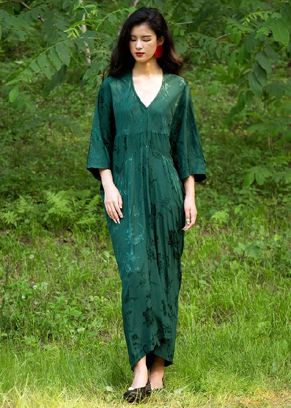 Affordable Women's Apparel Elegant Green V Neck Jacquard Silk Robe Dresses Batwing Sleeve