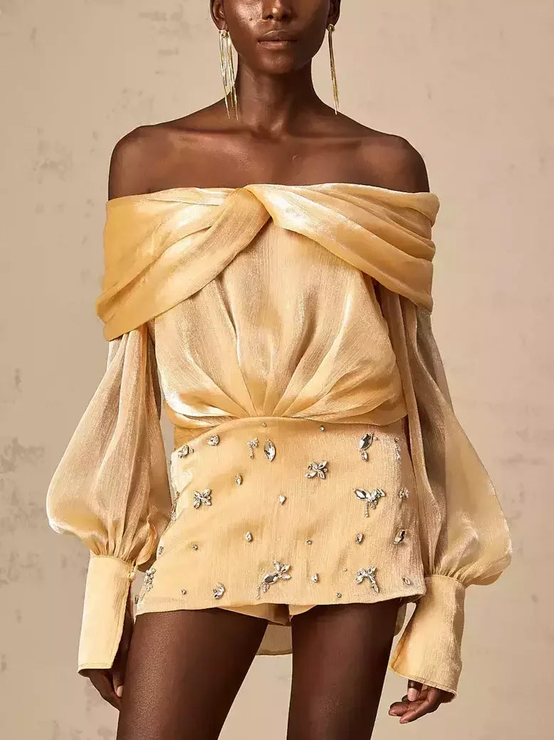 Chic & Cozy Collection Gold Off-Shoulder Rhinestone-Embellished Mini Dress