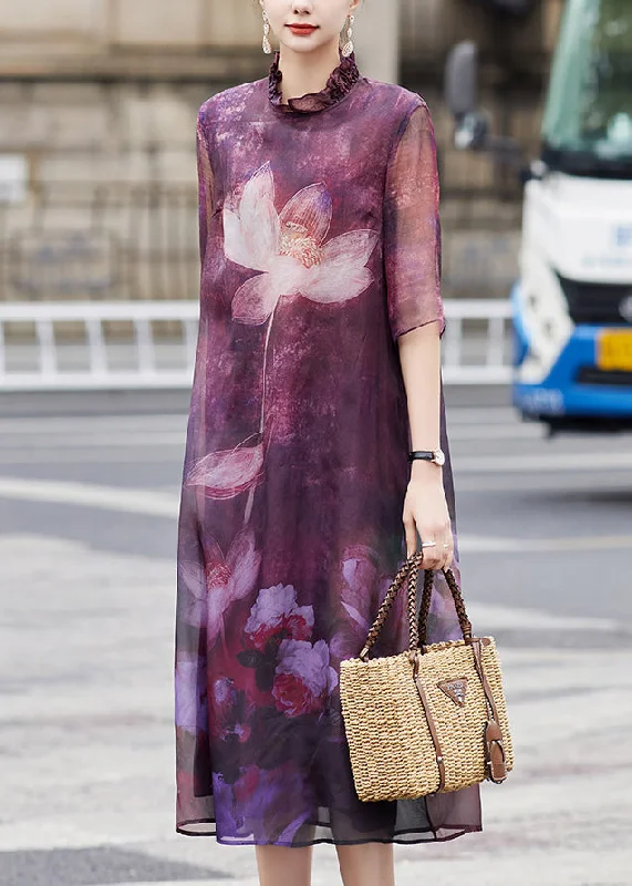 Feminine Soft - Hued Look Beautiful Purple Ruffled Lotus Print Patchwork Silk Dress Summer
