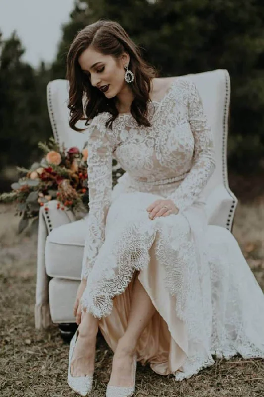 Chic Outfits Roycebridal Elegant Vintage Ivory Backless Long Sleeve Rustic Lace Wedding Dresses, MW264
