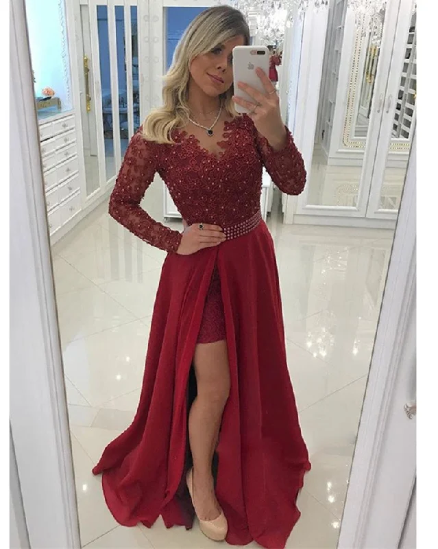 Top 10 Women's Online Clothing Stores Burgundy Red Long Sleeves Lace Beaded Prom Party Dresses Girls Formal Gown