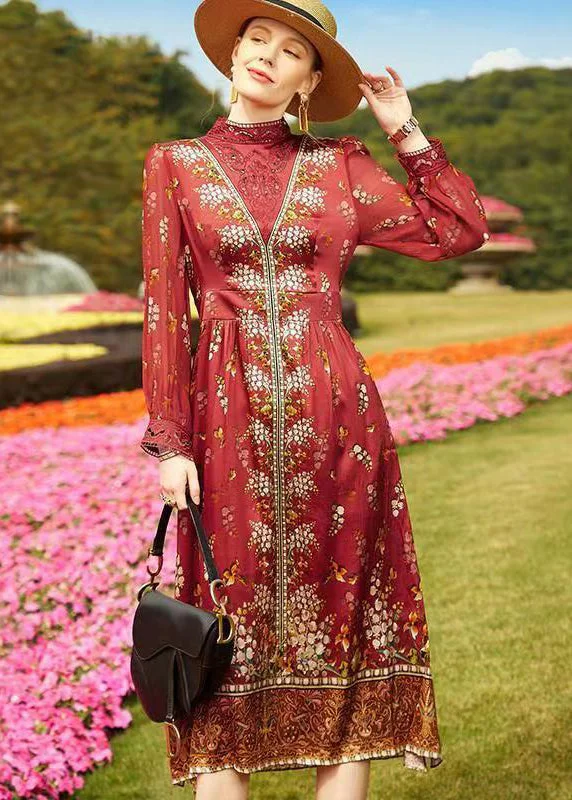 High-End Fashion, Low-End Prices – Sale Happening Now Women Red Stand Collar Hollow Out Print Patchwork Silk Dresses Fall