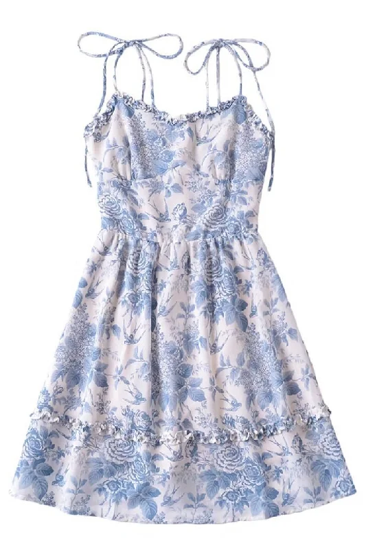 Evening Elegance Tie Shoulder Blue Floral Printed Short Dress