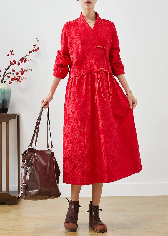 Affordable Luxury – Chic Clothing At Special Prices Women Red Chinese Button Jacquard Dresses Fall
