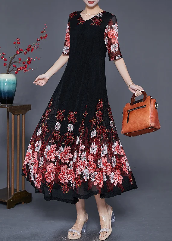 Sale For Women Red Floral Tulle A Line Dress Slim Fit Exra Large Hem Summer