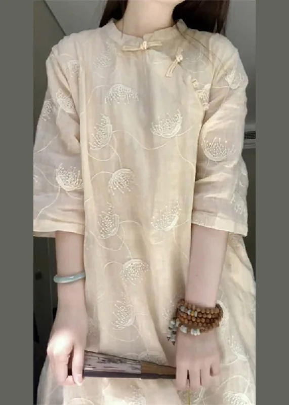Women's Formal Wear Chinese Style Apricot Embroideried Patchwork Linen Dresses Summer