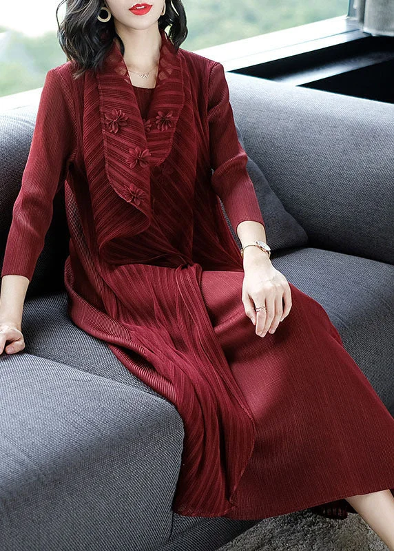 Women's Clothing Casual Wine Red O-Neck Floral Patchwork Fake Two Pieces Maxi Dress Long Sleeve