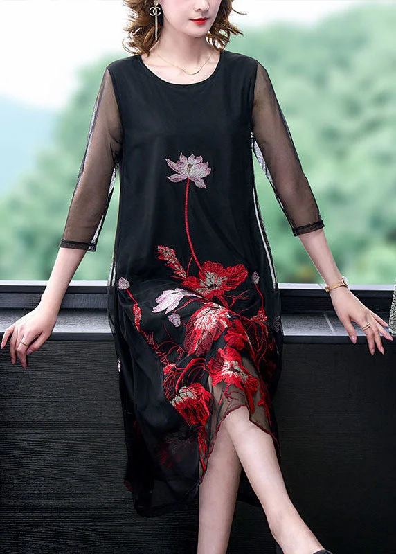 High-Quality Women's Fashion Dresses Stylish Black O-Neck Embroideried Tulle A Line Dress Bracelet Sleeve
