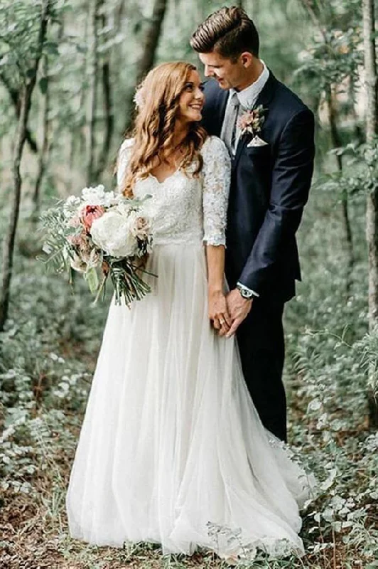 Seasonal Sale Roycebridal Ivory 3/4 Sleeves Lace Top Backless Wedding Dresses, Bridal Gowns, MW555