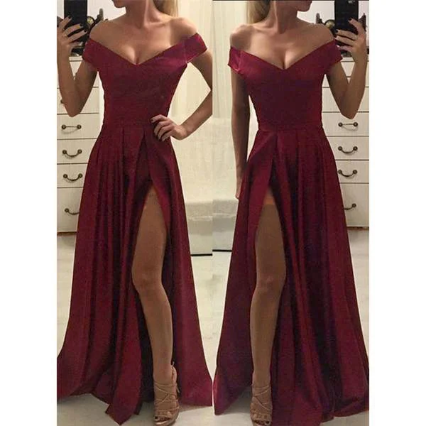 Best Boutiques Online Dark Red Off Shoulder Long Girls Graduation Dress for Prom Elegant Formal Gown LP0591
