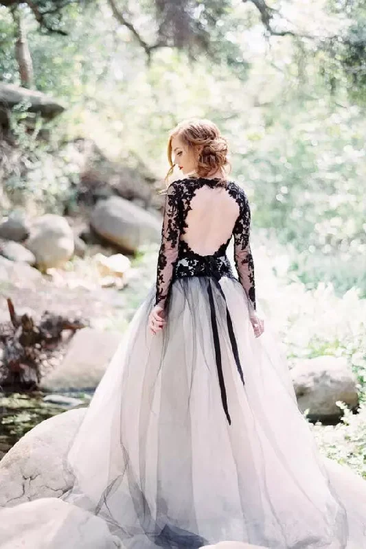 Special Occasion Wear Roycebridal Gorgeous Black Lace A-line V-neck Long Sleeves Wedding Dresses, MW559
