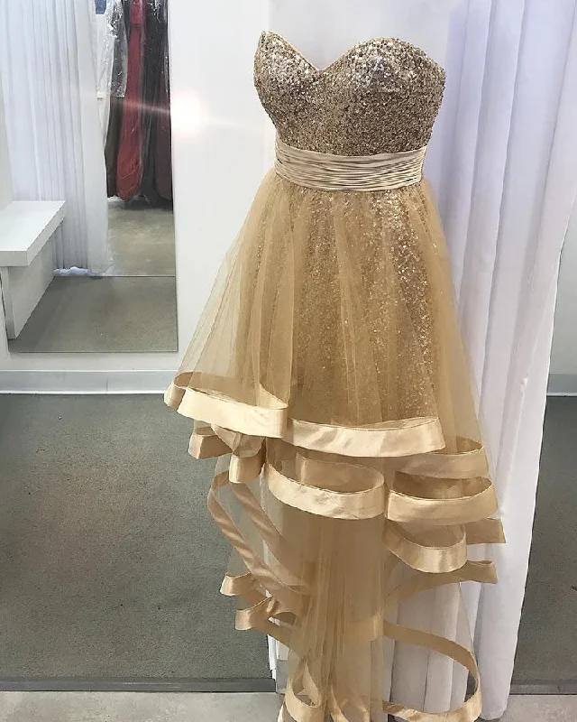 Sales Clothes Gold Sweetheart Sequins High Low Party Prom Dress for Girls PL55870
