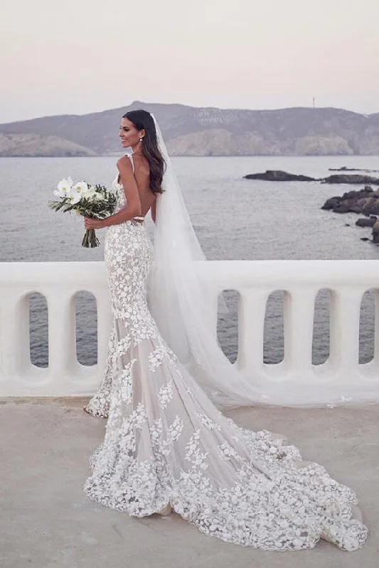 Fashion Forward Roycebridal Vintage Lace Mermaid Beaded Deep V Neck Wedding Dress, Bridal Gown, MW558