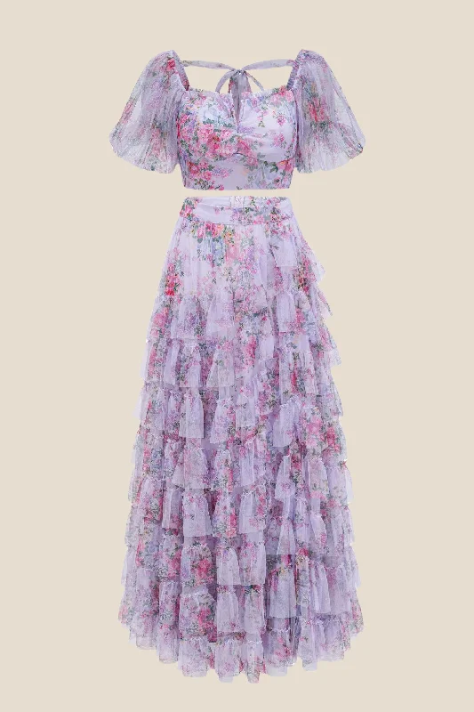Chic Outfits Two Pieces Lavender Floral Print Tiered Long Dress