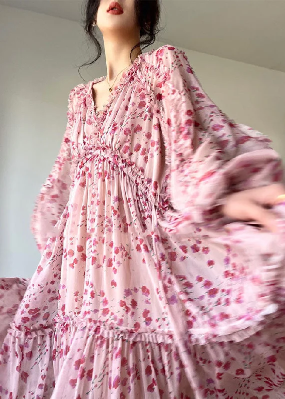 Polished Finish Bohemian Pink V Neck Print Patchwork Ruffles Silk Dresses Spring