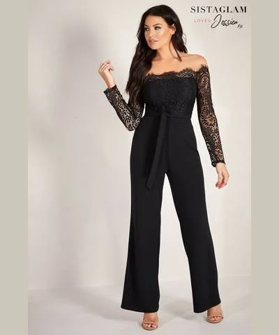 Chic Outfits Lace Bardot Wide Leg Jumpsuit Black