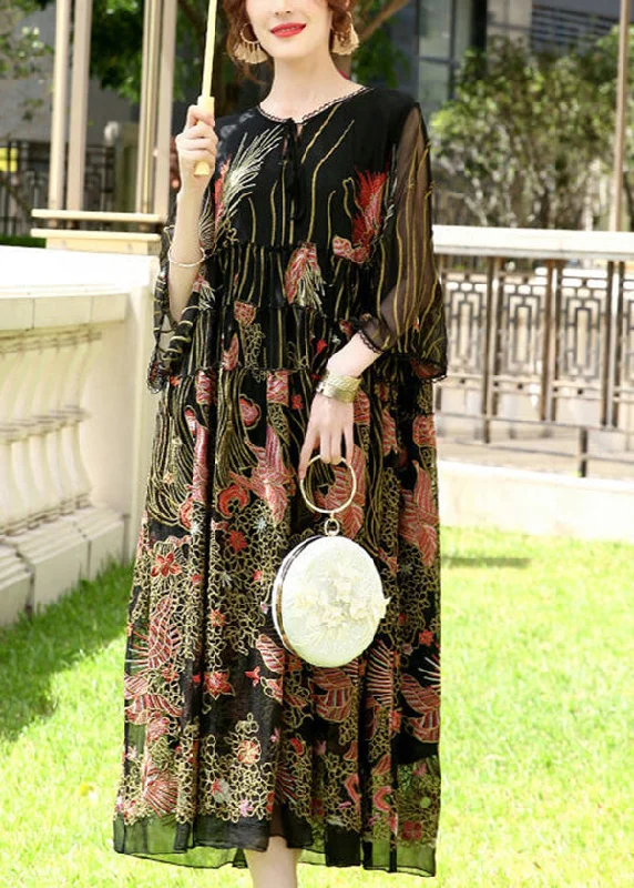 Seasonal Sale Bohemian Black Embroideried Lace Up Silk A Line Dresses Summer