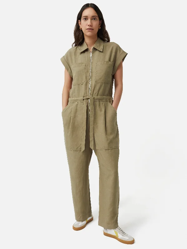 Hot Trends Linen Zip Front Jumpsuit | Khaki