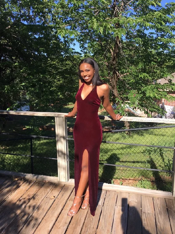 Online Boutique Stores Sexy V-Neck Side Split Burgundy Velvet Prom Dress Mermaid Long Black Girls Prom Dresses    cg21422